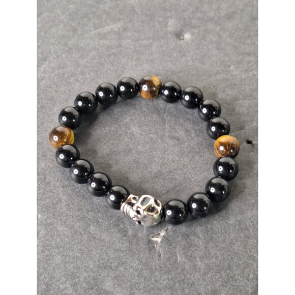Tiger Eye Black Onyx Stone Skull & Hematite Lion Head Stretch Bracelets(2) - Picture 8 of 12
